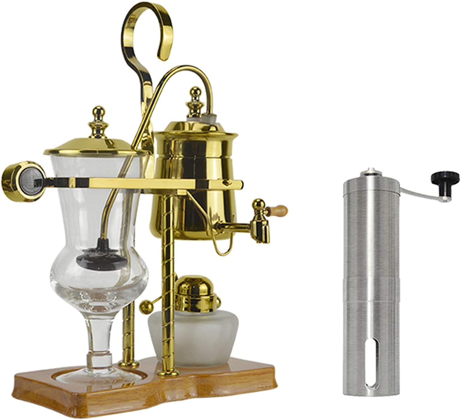 BNMY Vacuum Coffee Machine Siphon Coffee Machine Set Coffee Siphon Household Belgian Jug Royal Coffee Pot with Portable Hand Coffee Grinder Gold