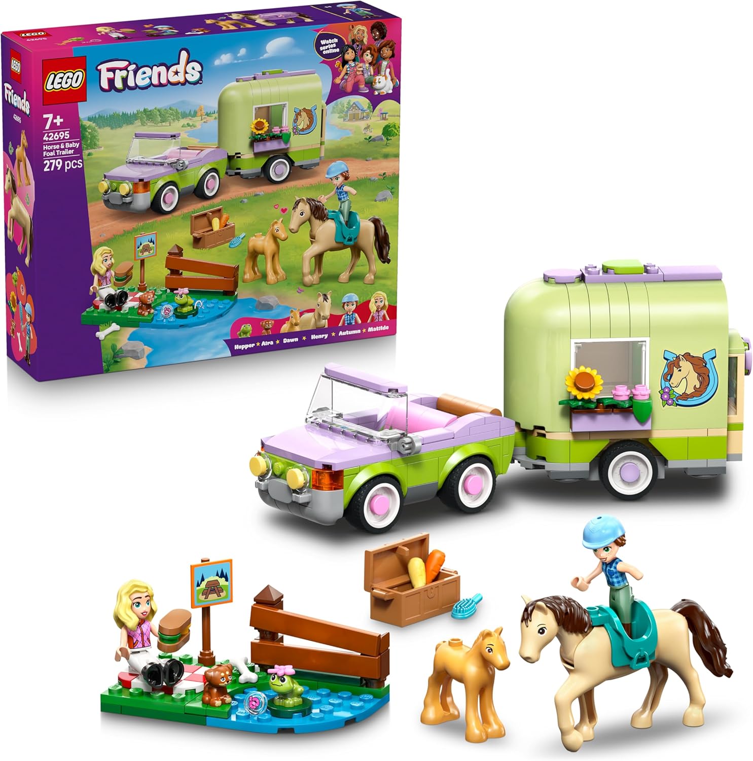 LEGO Friends Horse and Foal with Horse Trailer - Horse Play Set with Care Accessories, 4 Animal Figures, Car & 2 Mini Dolls - Birthday Gift Idea for Girls from 7 Years - 42695
