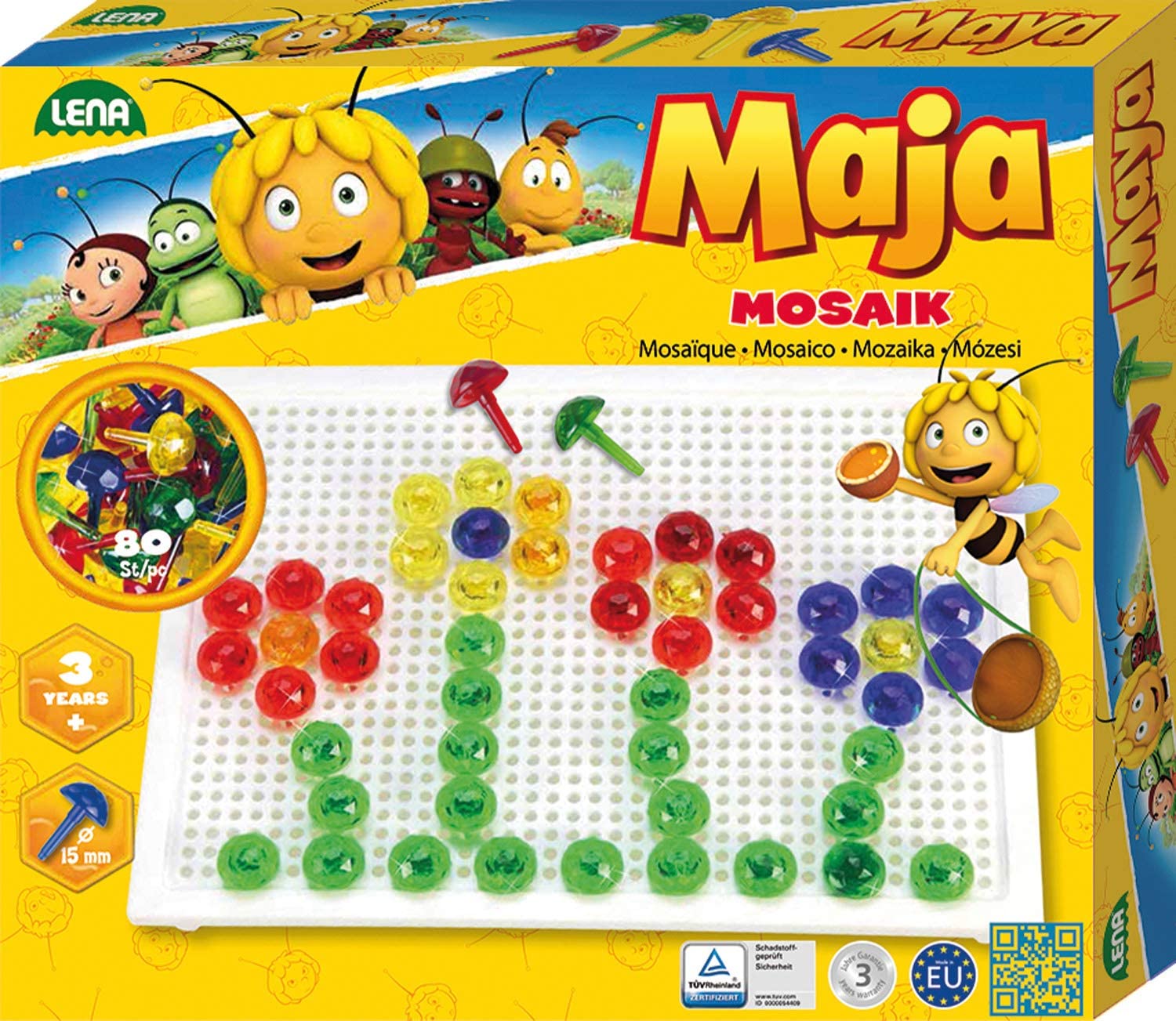 Lena 35613 Mosaic Mosaic Set Maya The Bee, Mosaic With 80 Coloured Plugs, M