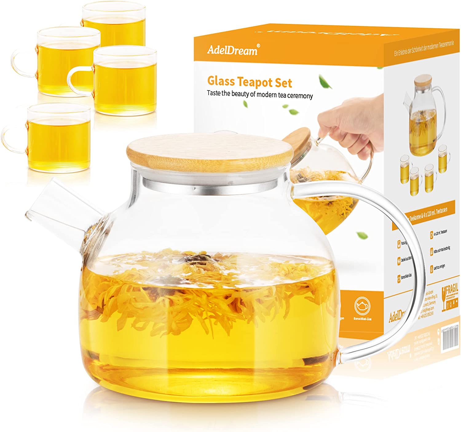 ADEL DREAM AdelDream Glass Teapot with Infuser, Teapot Glass Teapot with Stove Safe, Blooming and Loose Leaf Tea Maker Set (1 L + 4 (125 ml))