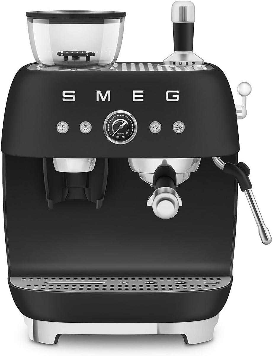 Smeg Store Smeg, EGF03BLMEU Manual Coffee Machine with Integrated Grain Grinder, Thermoblock, 4 Temperature Levels, Steam Nozzle and Pressure Gauge, 1 L, Compact Size, 1350 W, Matte Black