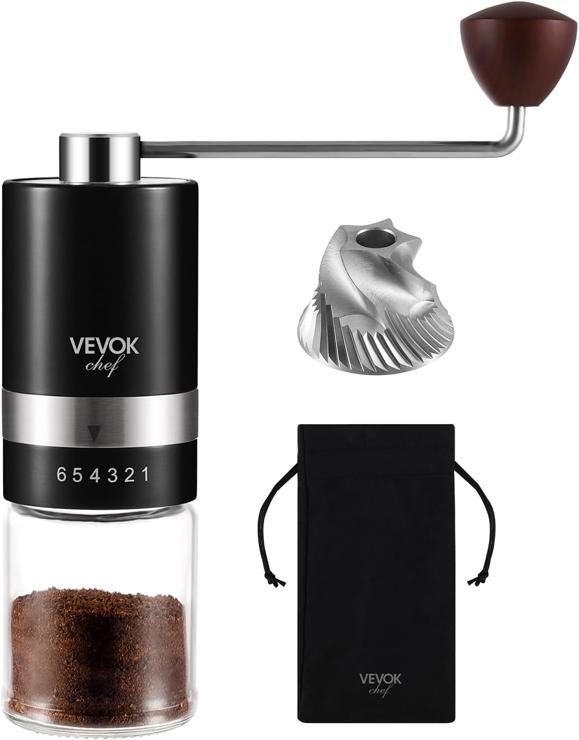 vevouk Vevok Chef Black Manual Coffee Grinder with Grinder, 6 External Coarseness Settings, Portable Coffee Grinder with Stainless Steel Grinder