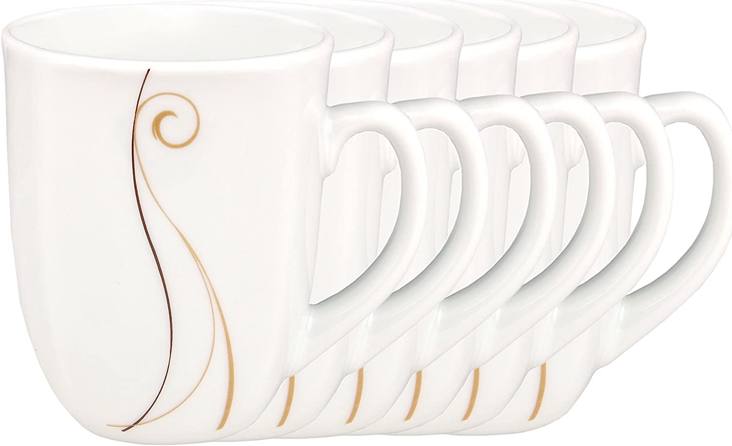 Van Well Set of 6 Coffee Cups Granada 33 cl Coffee Cup Made of White Porcelain With Lines Decor in Beige and Brown