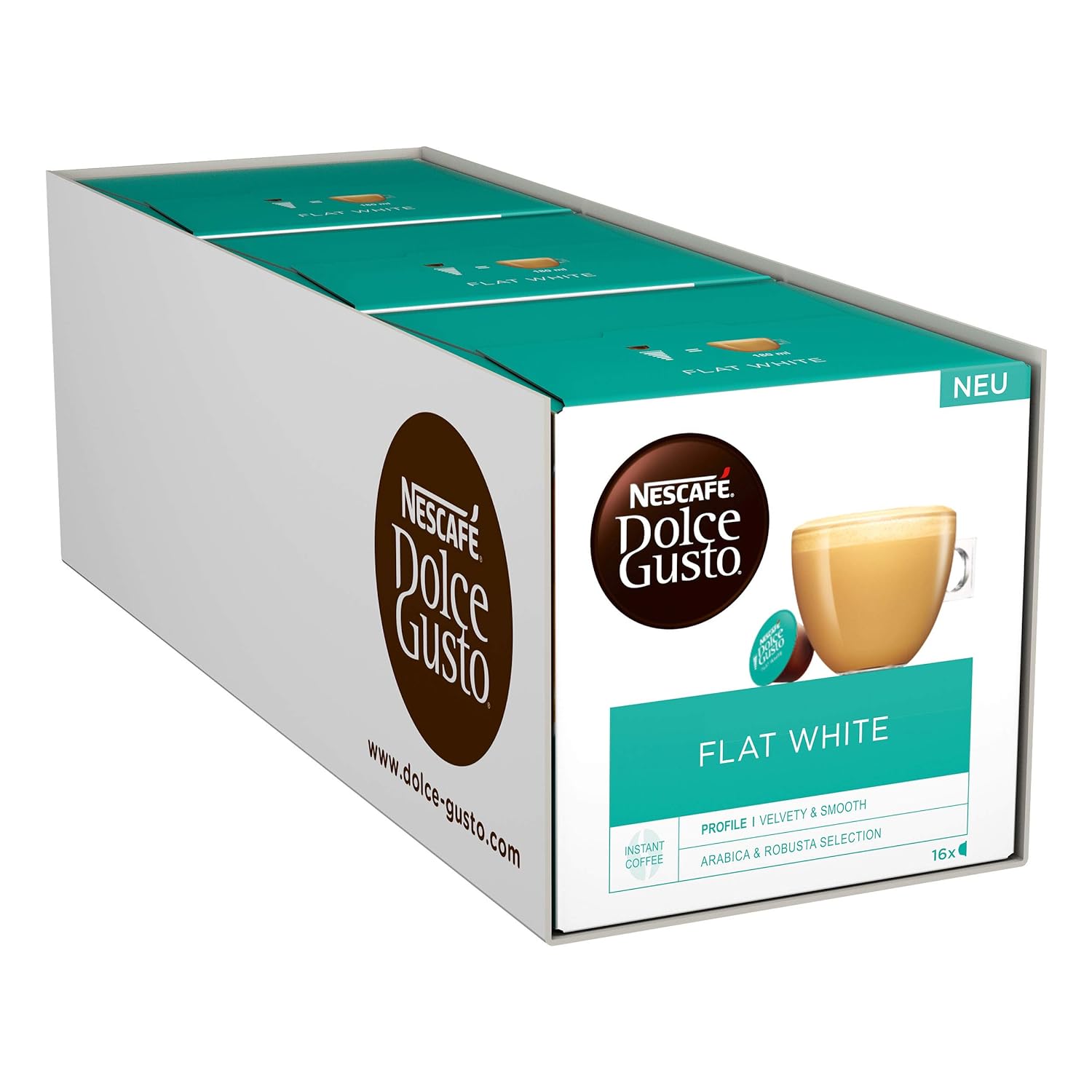 NESCAFE DOLCE GUSTO NESCAFÉ Dolce Gusto Flat White | 48 coffee capsules | Arabica and Robusta beans | Creamy-Milky Enjoyment | Coffee creation | Coffee shop trend | Aroma-sealed capsules (3 x 16 capsules)