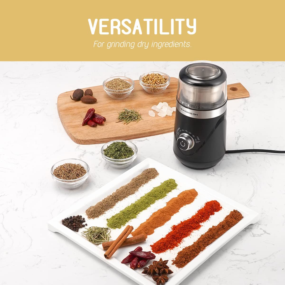 TWOMEOW Electric Coffee Grinder, Adjustable Spice Mill with Impact Knife and Removable Stainless Steel Container, Coffee Grinder for Nuts, Coffee Beans, Spices, Black