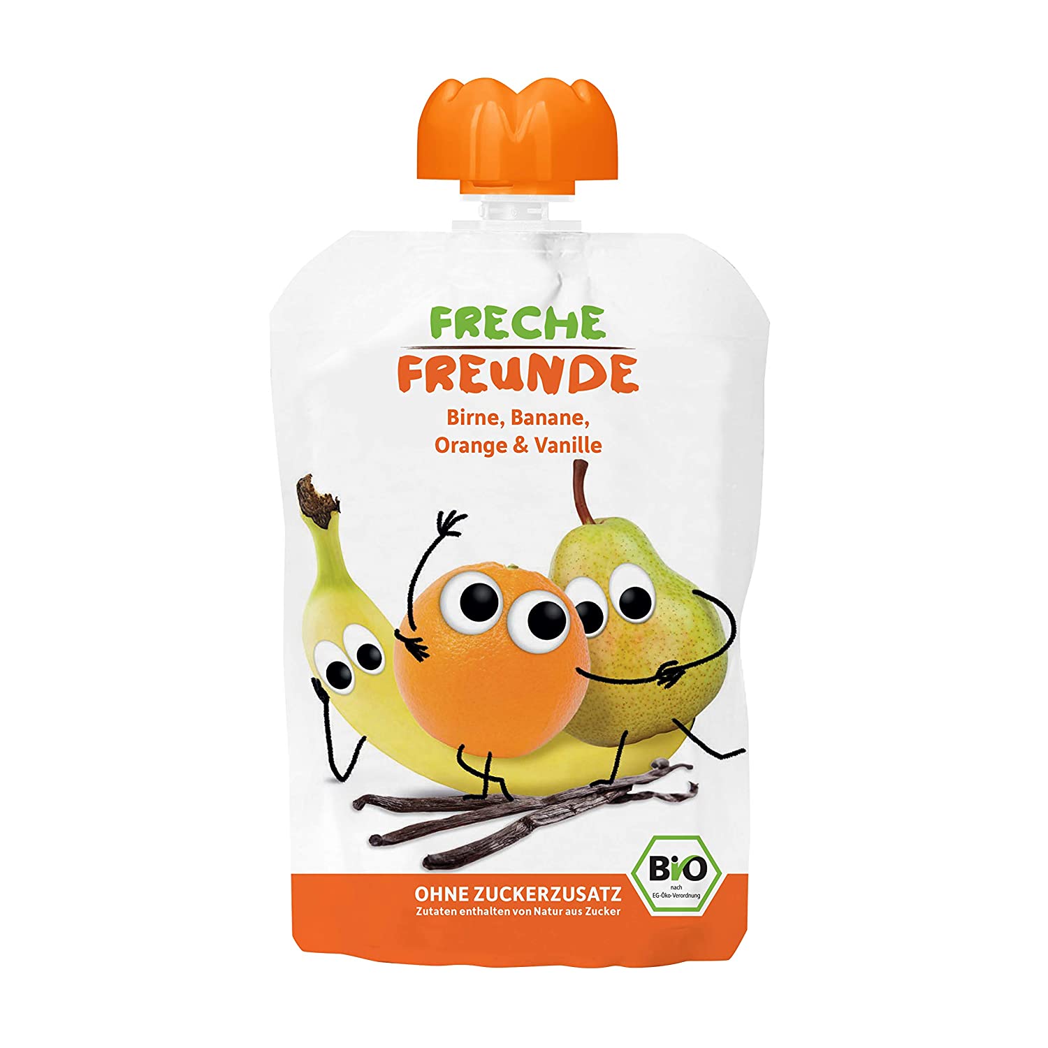 FRECHE FREUNDE Bio Quetschie Birne, Banane, Orange und Vanille, Fruchtmus im Quetschbeutel für Babys ab 1 Jahr, glutenfrei und vegan, 6er Pack (6 x 100g)