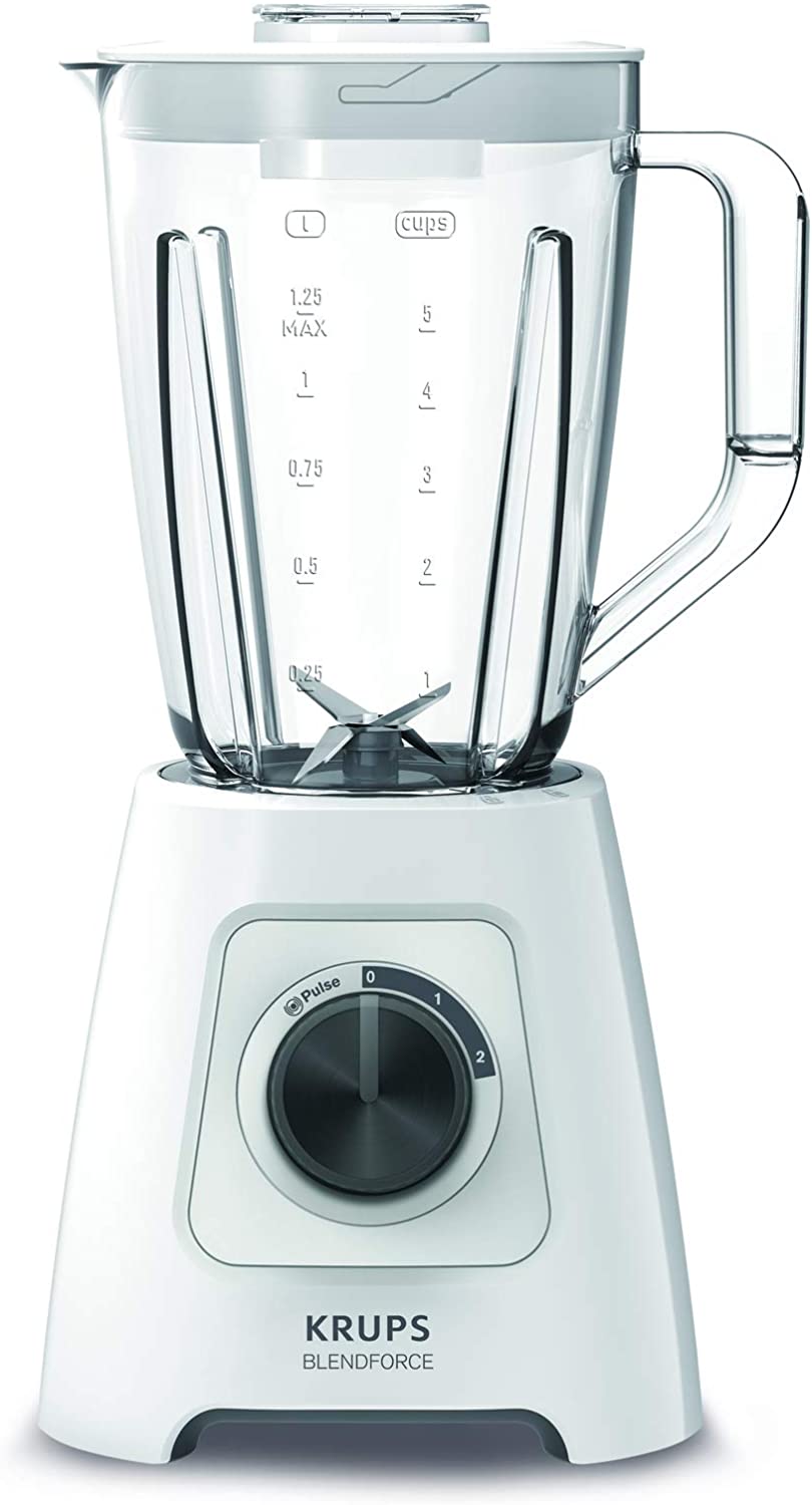 Krups KB4201 Blendforce Blender, 600 W, 2 L, Plastic Container, 4 Blades, 2 Speeds + Pulse Function, Ice Crush Function, Smart Lock Technology, White