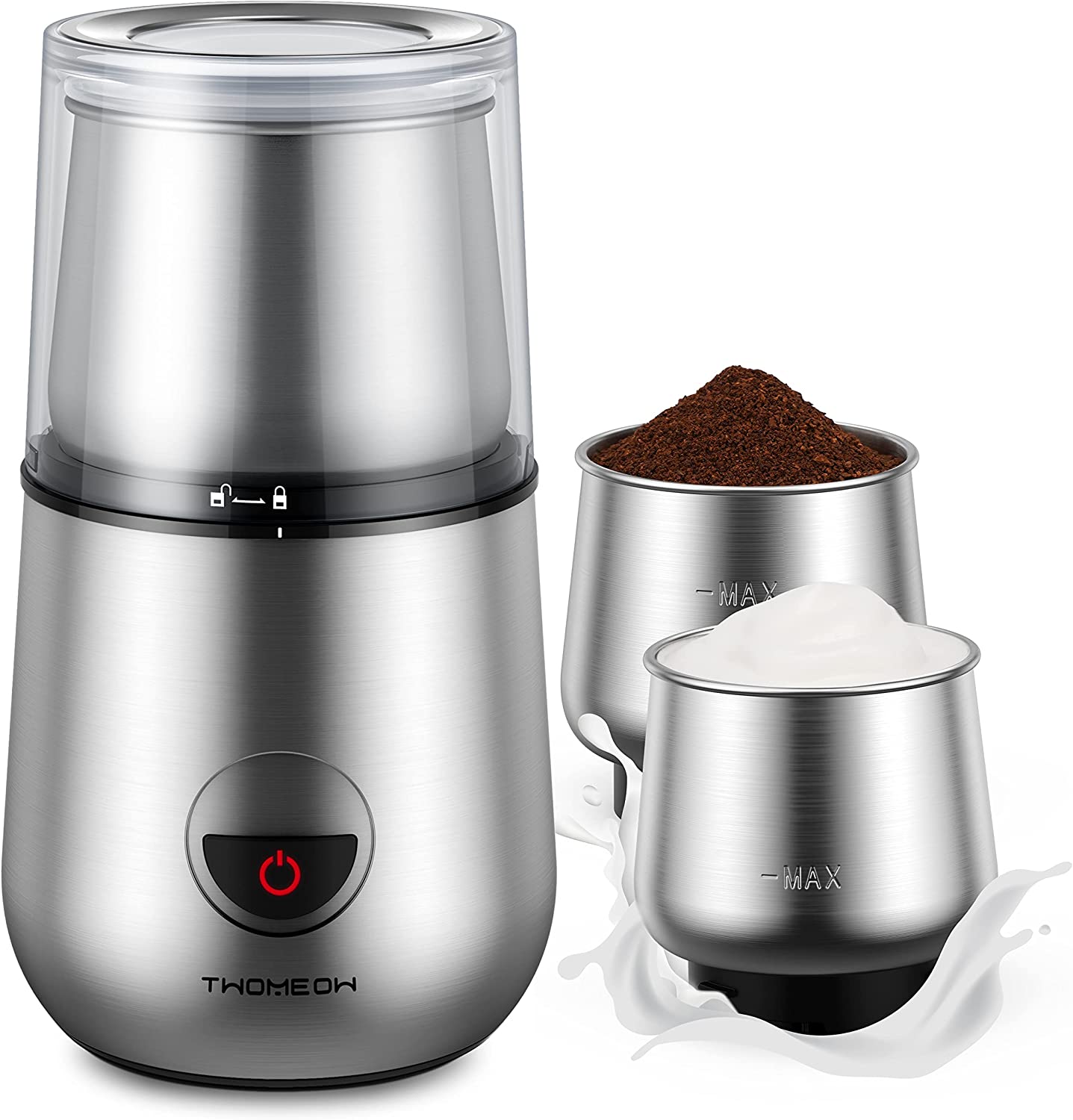TWOMEOW Coffee Grinder Milk Frother Electric Stainless Steel Induction 2 Containers for Automatic Grinding Coffee Beans and Cold Milk Foam for Cappuccino Latte Macchiato