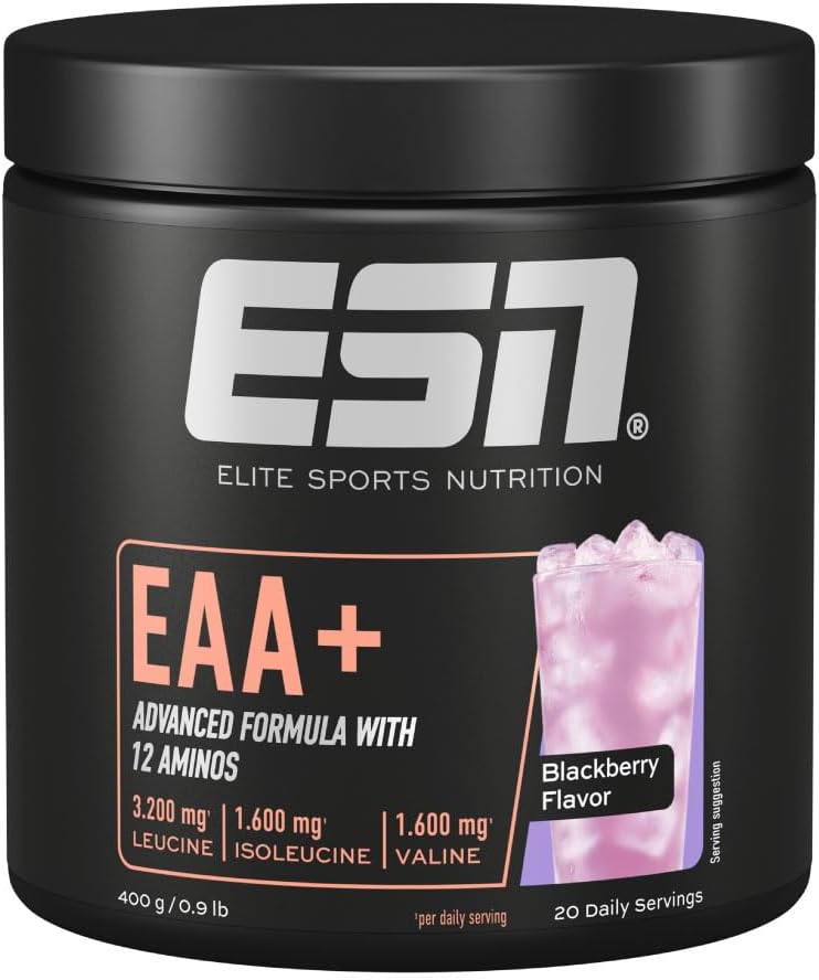 ESN Store ESN EAA+, Blackberry, 400 g, All 9 EAAs & Vitamin B6, 3.2 g Leucine per serving, Ideal Solubility, Vegan - Made in Germany 400g