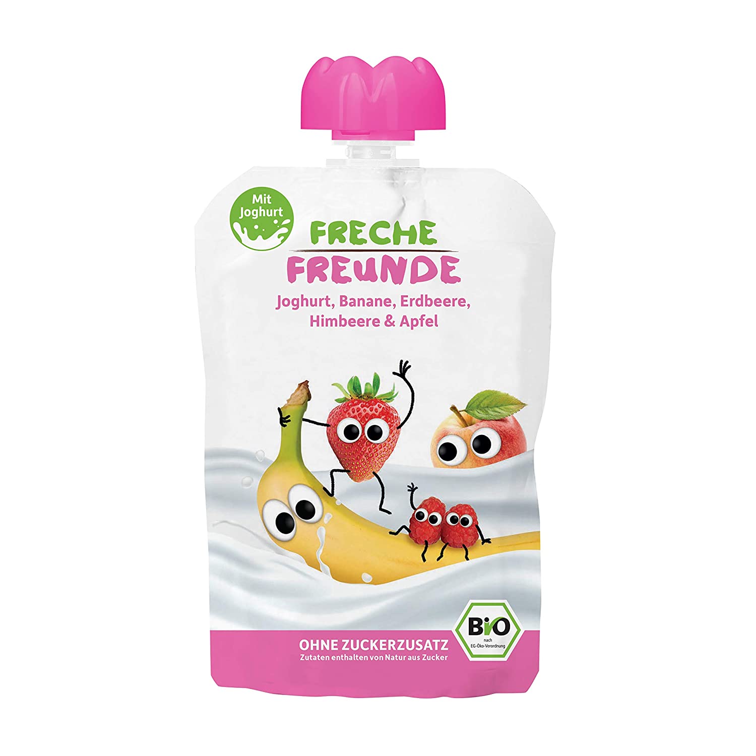 FRECHE FREUNDE Bio Quetschie, Banane, Erdbeere, Himbeere & Apfel, Fruchtmus mit Joghurt im Quetschbeutel für Babys ab 1 Jahr, 6-er Pack (6 x 100g)