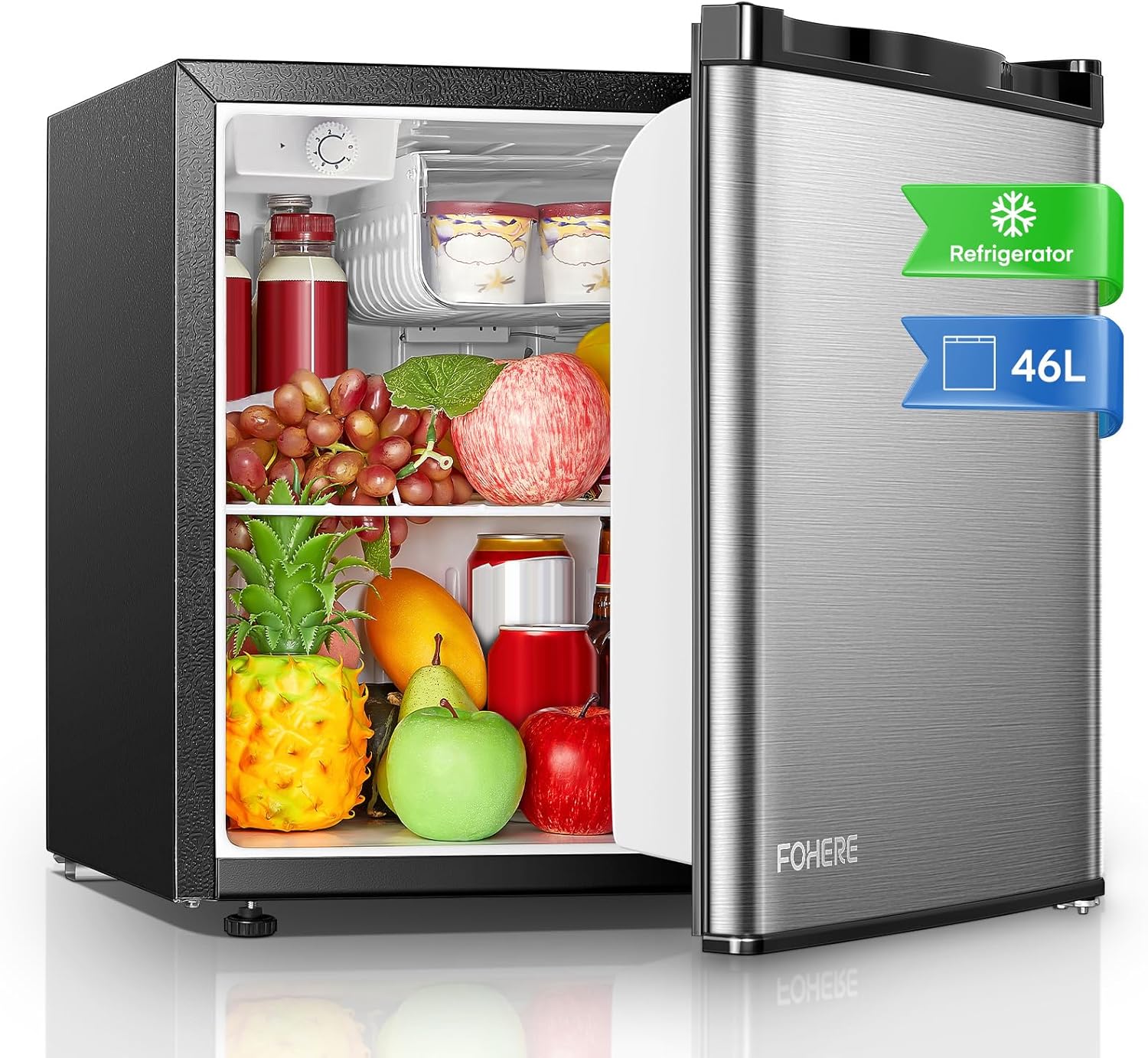 FOHERE Mini Fridge 46 L, Small Fridge with 7 Levels Thermostat, Reversible Door, Ultra Quiet, Energy Efficient Compact Fridge for Bedroom, Office, Dorm, Stainless Steel