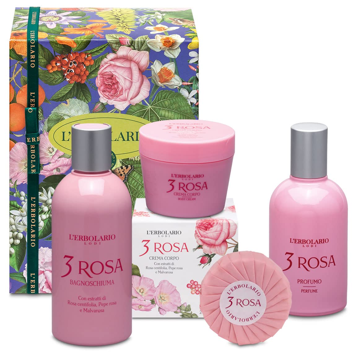 Genérico L\'Erbolario - 3 Pink Gift Box in Original Packaging (Shower Gel 250ml, Body Cream 200ml, Fragrance 50ml, Soap 100g) + Free Florinda Plant Soap 50g