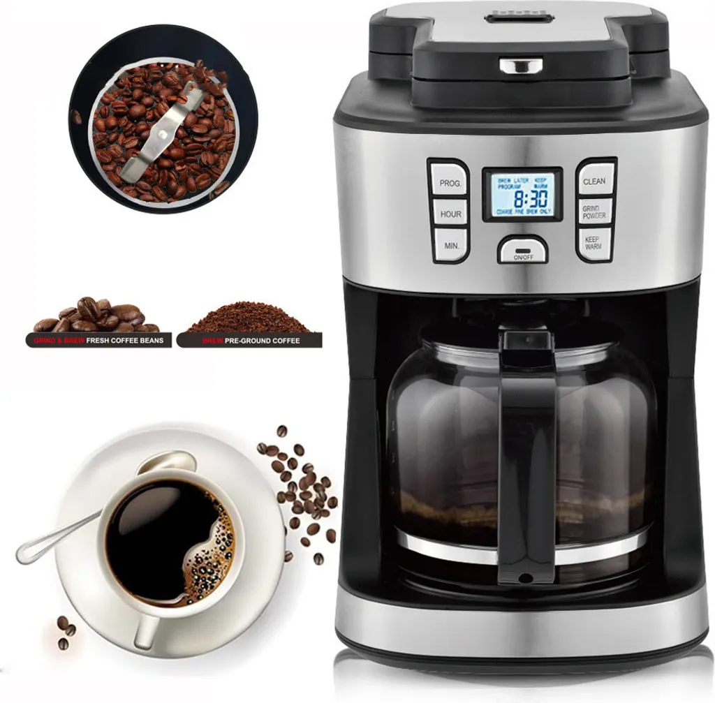 ZELURXX 2-in-1 Automatic Filter Coffee Machine, Clock Function, LCD Display, Button Control, Constant Temperature 75℃, Stainless Steel, Black