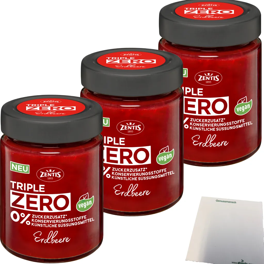 Zentis Triple Zero Strawberry Spread 3-pack (3x185g jar) + usy block