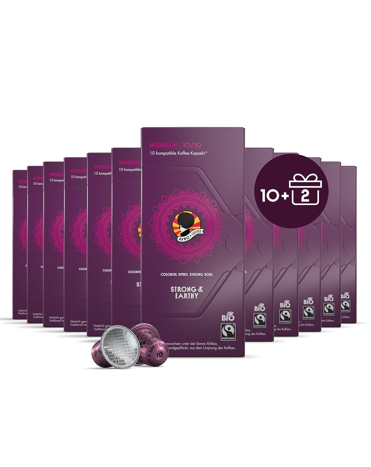 AFRO COFFEE Strong & Earthy Organic I Offer 10+2 I 120 Premium Coffee Capsules Fairtrade I Arabica & Robusta I in Compatible Coffee Capsules I Coffee from East Africa I Dark Roasted & Low Acid