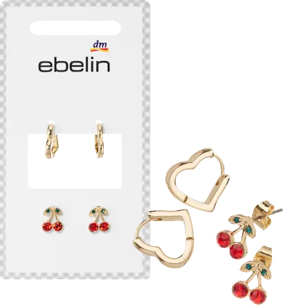 ebelin Heart & Cherry Stud Earrings, Gold Look, 4 Pieces