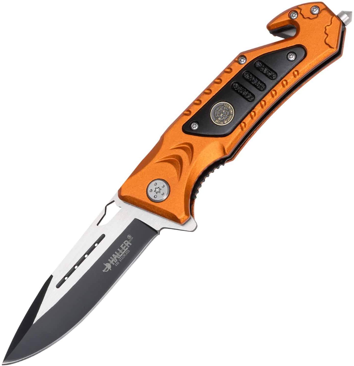 Haller Rescue Knife with SWAT Emblem / Pocket Knife with Glass Breaker and Belt Cutter 440 Stainless Steel