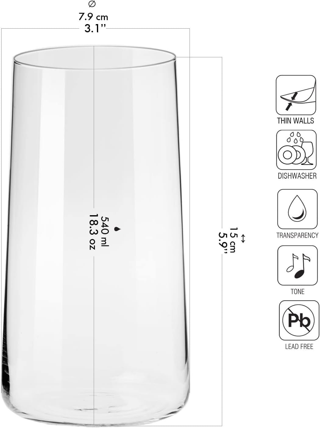 Krosno water glasses, long drink glasses, 540 ml, avant garde collection, perfect for home, restaurants and parties, dishwasher and microwave safe.