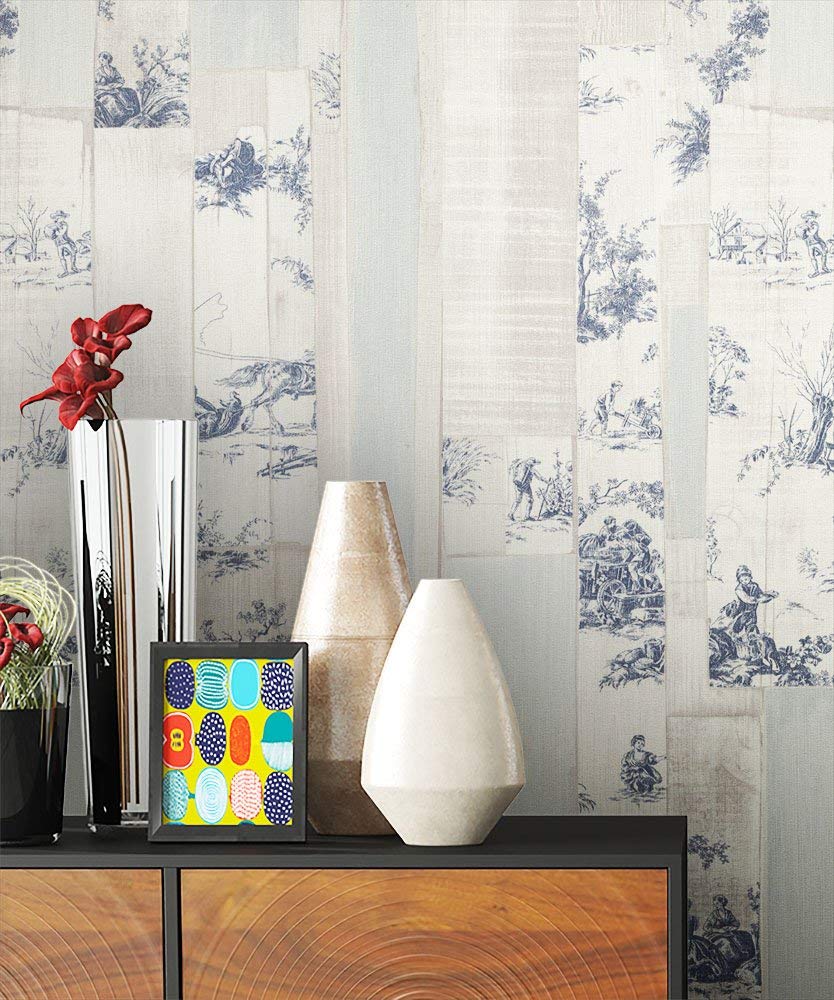 Newroom Design Newroom Wood Wallpaper Cream Non-Woven Wallpaper Beige/Blue Classic Elegant