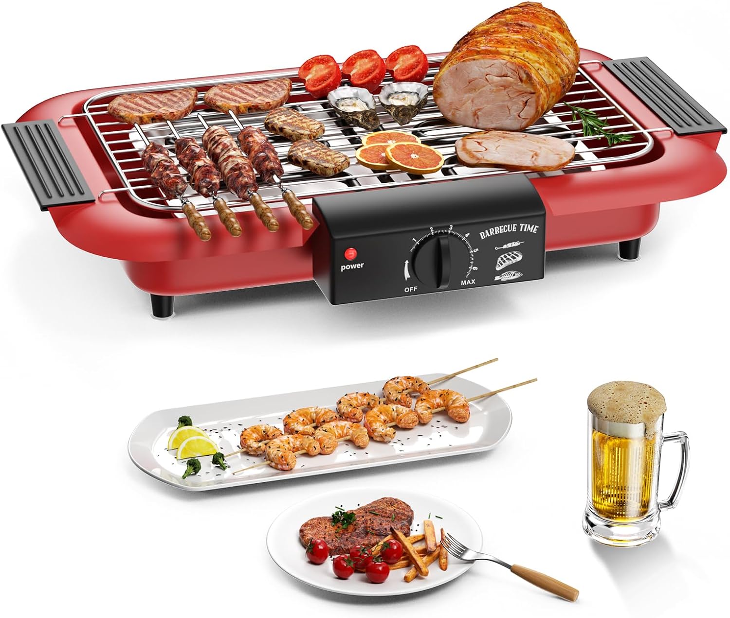 Mihoho Electric Grill, Smokeless Non-Stick Grill for Indoor Outdoor Use Removable Powerful Portable Grill 2000W Double Tube for BBQ Parties (Red S)