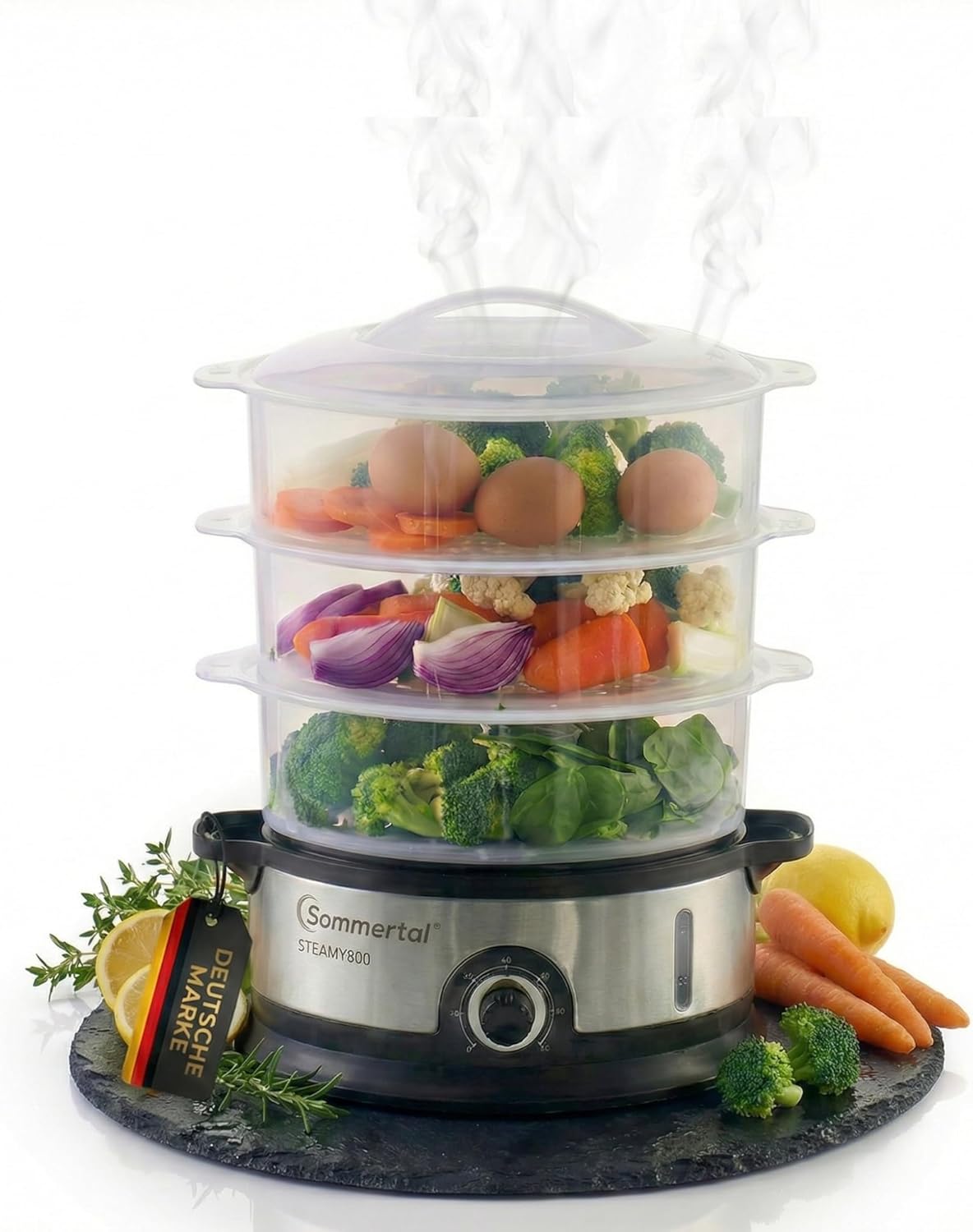 Steamy800 Steamer Pot, Electric Steamer Pot, BPA-Free, 3 Levels, Timer, Automatic Shut-Off, Stainless Steel & Dishwasher Safe
