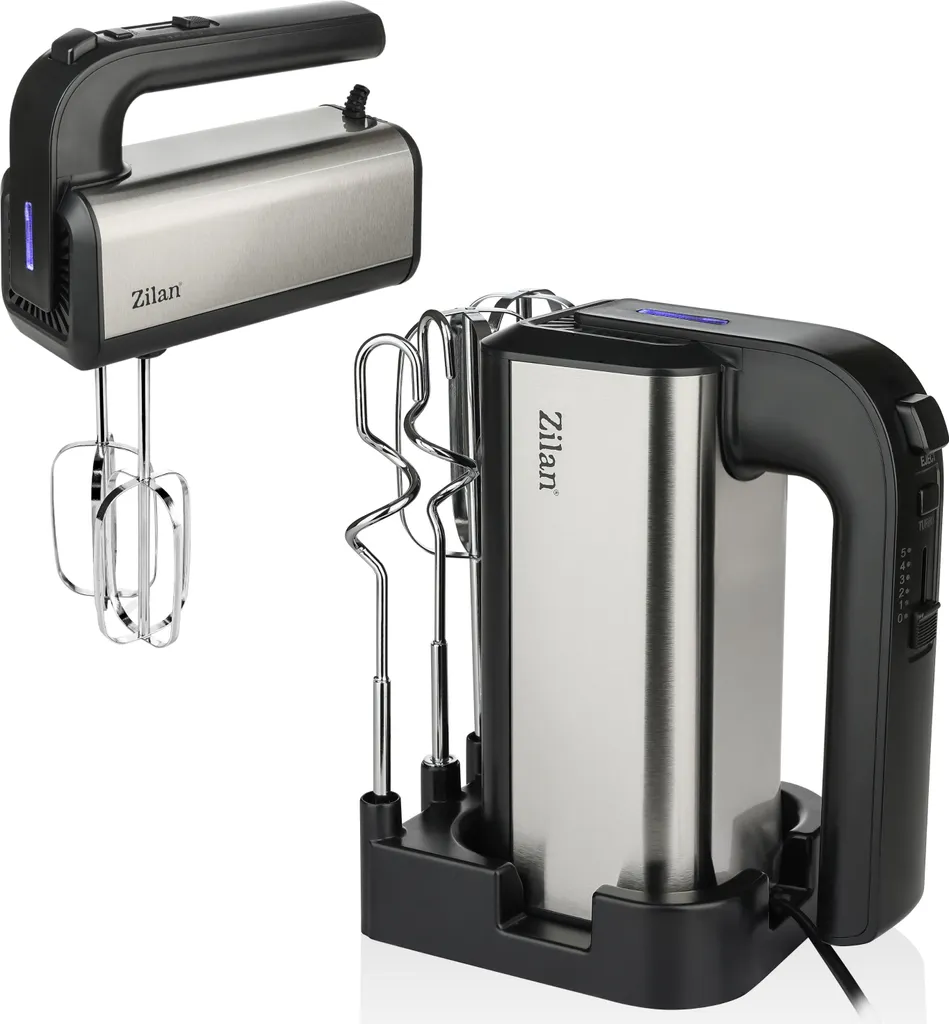 Zilan Hand Mixer 500 Watt – Electric hand mixer with base station, 5 speeds & turbo, incl. 2 beaters and 2 dough hooks, quiet, overheat protection