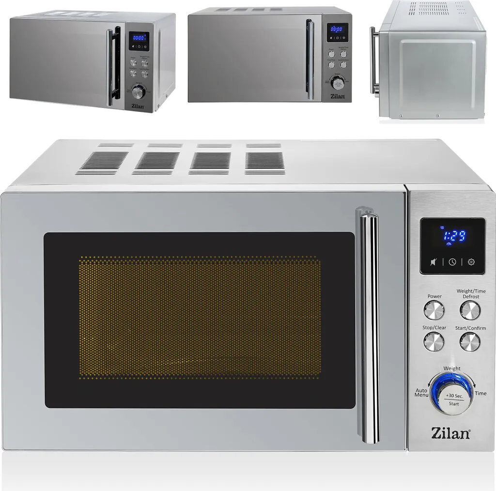 Zilan 20-liter microwave with 8 automatic programs, 6 power levels, LED display, defrost function, child lock, timer, express cooking, silent mode, stainless steel, interior light, 700 watts