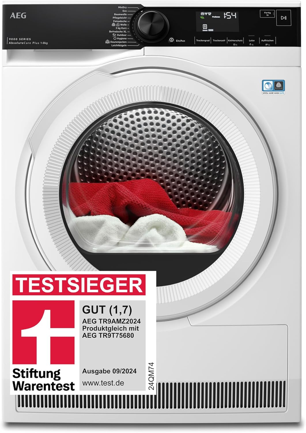 AEG Heat Pump Dryer 8 kg, Test Winner of Stiftung Warentest, Series 9000 AbsoluteCarePlus - Down Drying, 3D Scan Residual Moisture Determination, C, Wrinkle Protection, Drum Lighting, TR9AMZ2024