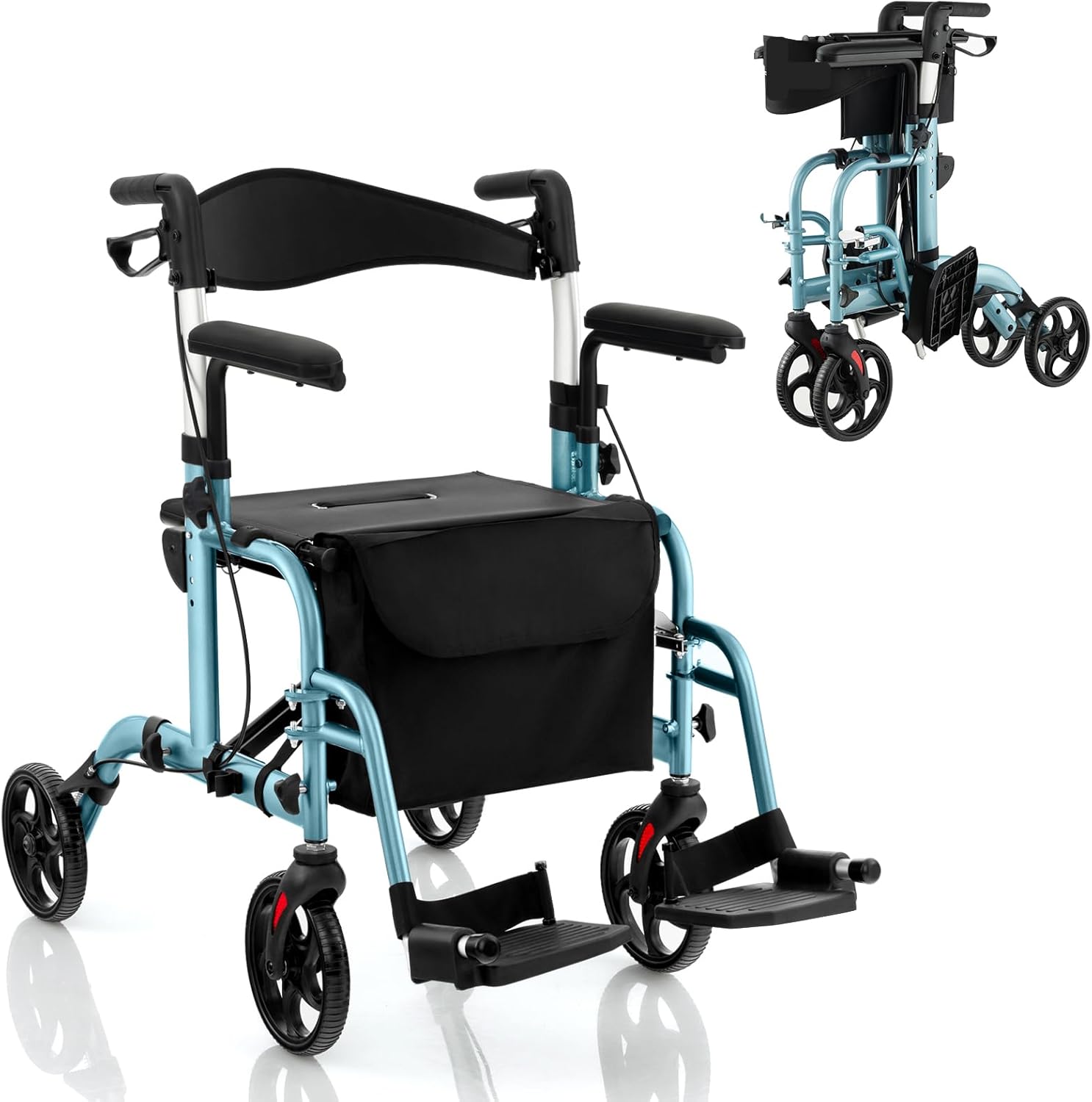 HOMASIS 2-in-1 Wheelchair Rollator Foldable & Lightweight with Seat, Walking Aid 6 Positions Height Adjustable, Aluminum Walker up to 136 kg, Travel Rollator with Stick Holder Bag & Brake, Walking