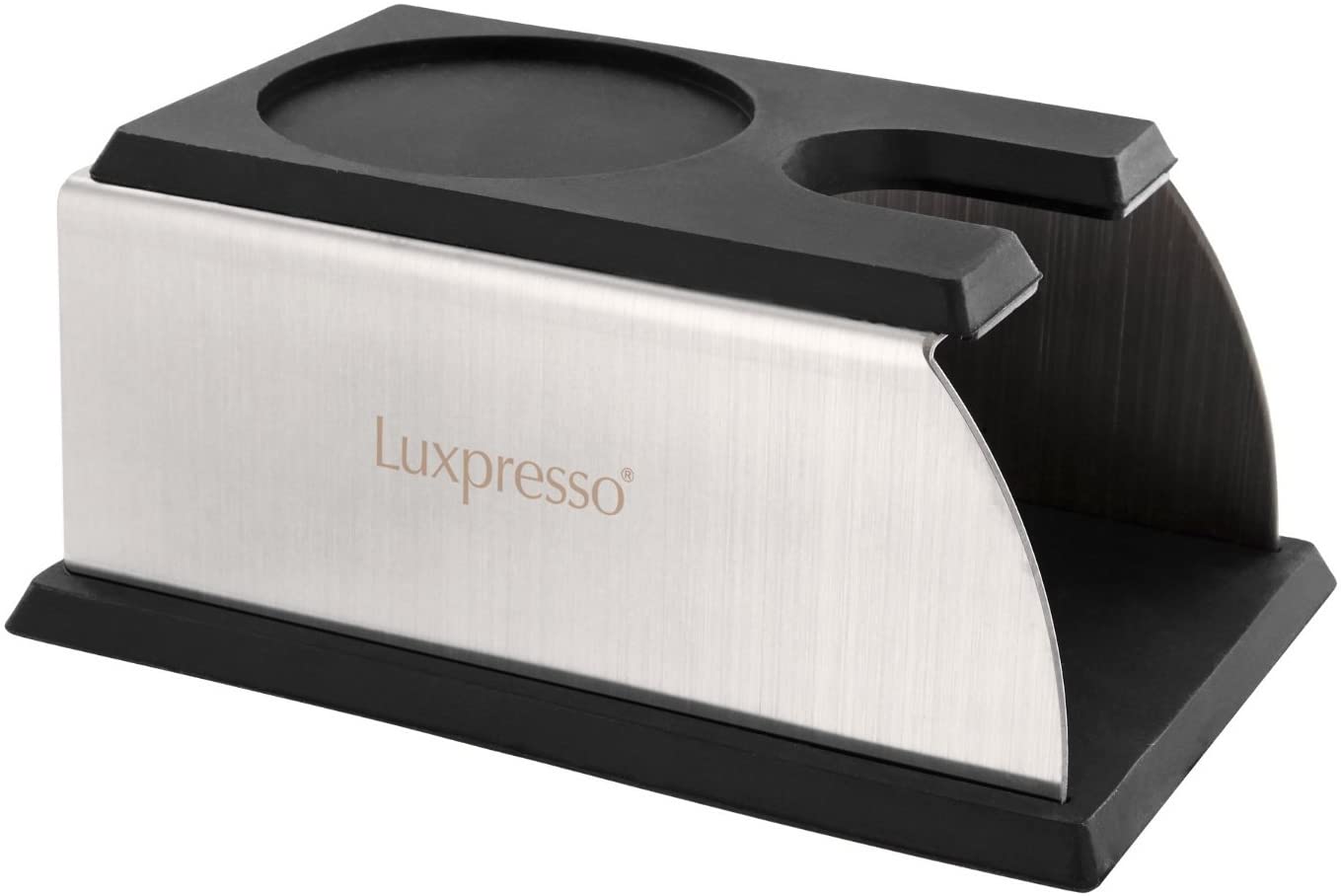 Luxpresso Primera Esso 9653 Pressing Tamping Station Deluxe Stainless Steel & Black Silicon Tray