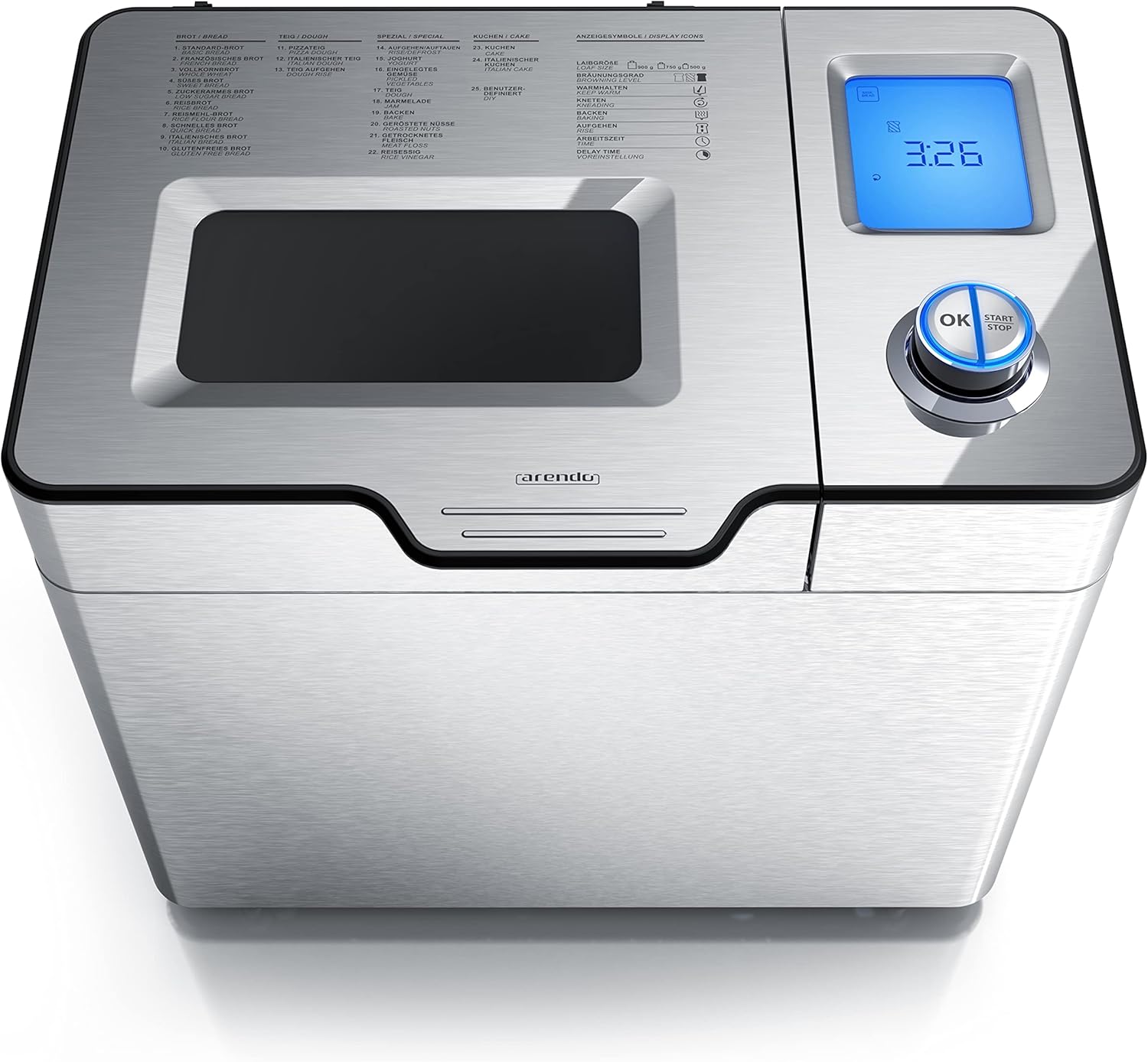Arendo - Bread maker incl. automatic ingredient compartment - Bread maker - 25 programs - gluten-free baking - yoghurt function - 1 kg capacity - direct drive - non-stick coating - BPA-free