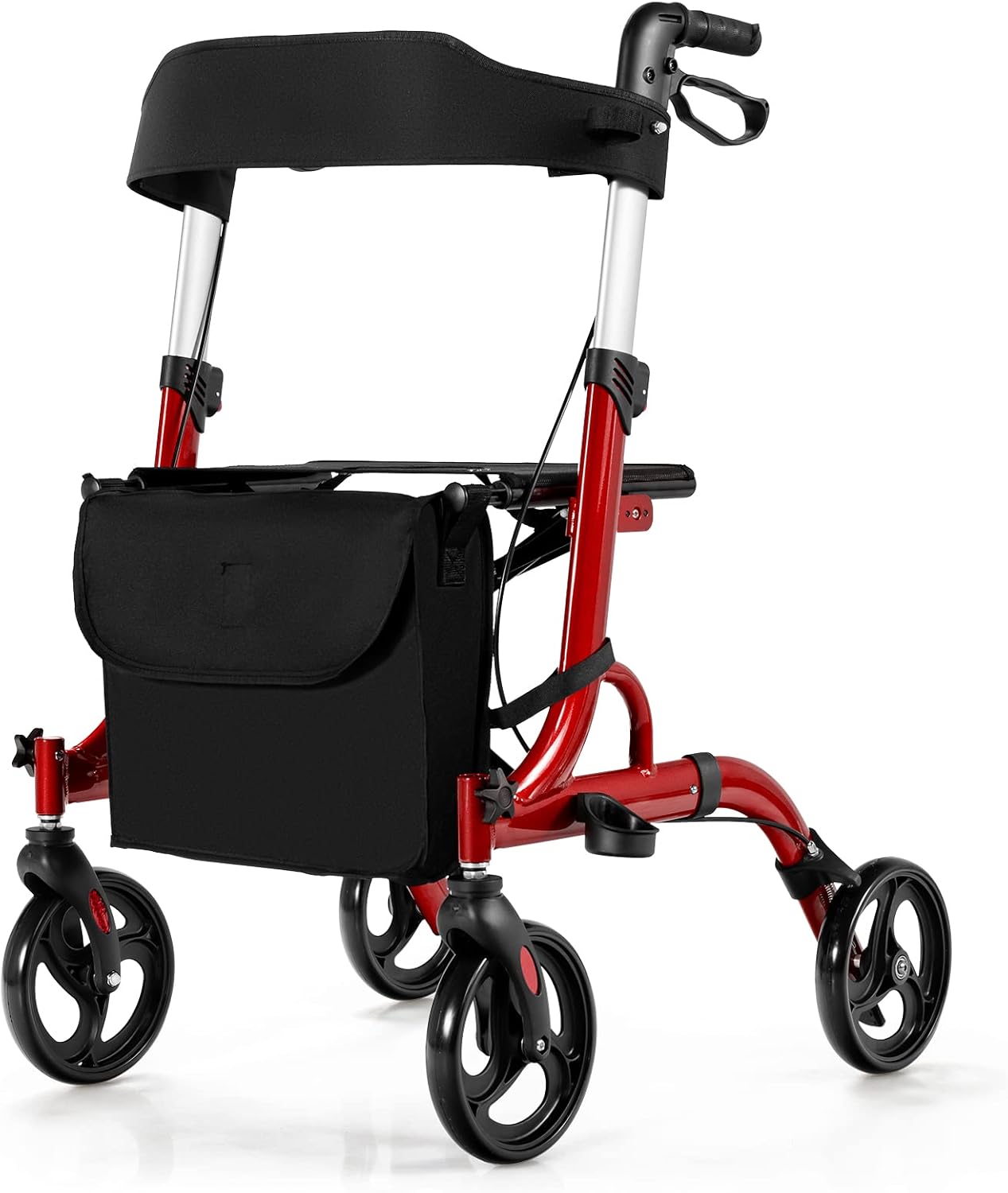 RELAX4LIFE Rollator Foldable Lightweight Wheelchair Travel Rollator Walking Aid with Seat Walking Trolley 6-Way Height Adjustable Walking Aid with 2 Brakes Stick Holder Bag, Aluminum Alloy up to 150