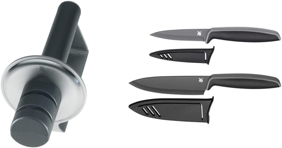 WMF Gourmet Knife Sharpener Ceramic Discs 2 Stage Pre-grinding and Re-grinding Safe Handling & Knife Set 2-Piece Touch Black 2 Knives Kitchen Knives with Protective Cover Non-Stick Chef\'s Knife