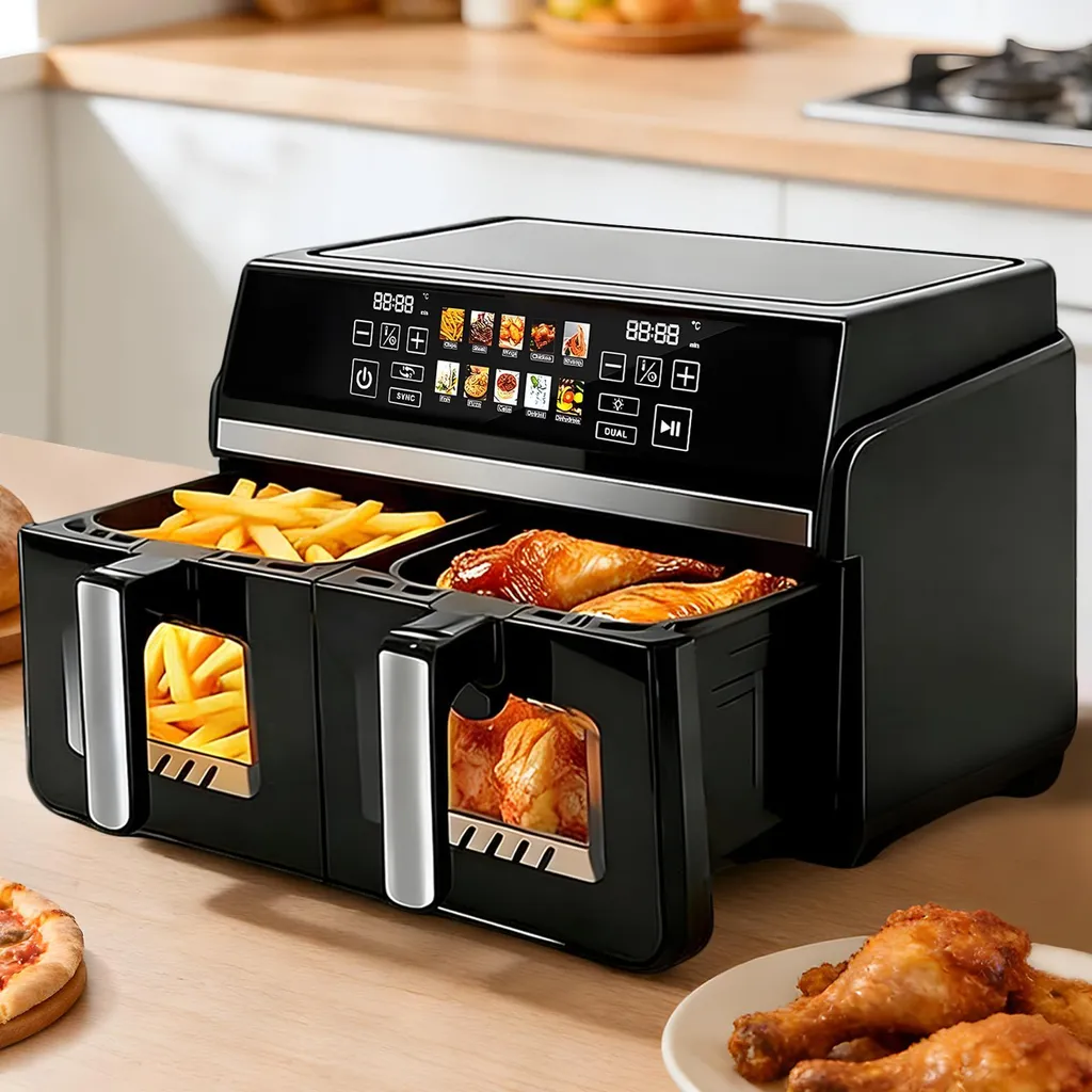 ZMH Hot Air Fryer 2 Chambers 10L XXL Air fryer double chamber viewing window Dual ZoneSYNC DUAL 2200W Touchscreen Timer up to 24h 10 programs