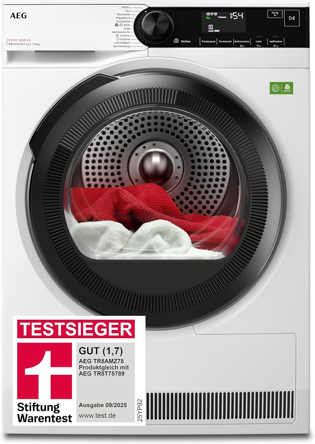 AEG Heat Pump Dryer 8 kg, Test Winner of Stiftung Warentest 2025, Energy Class B, Series 8000 AbsoluteCare Wool & Silk Drying, Automatic Reverse for Wrinkle Protection, Interior Lighting TR8AMZ78