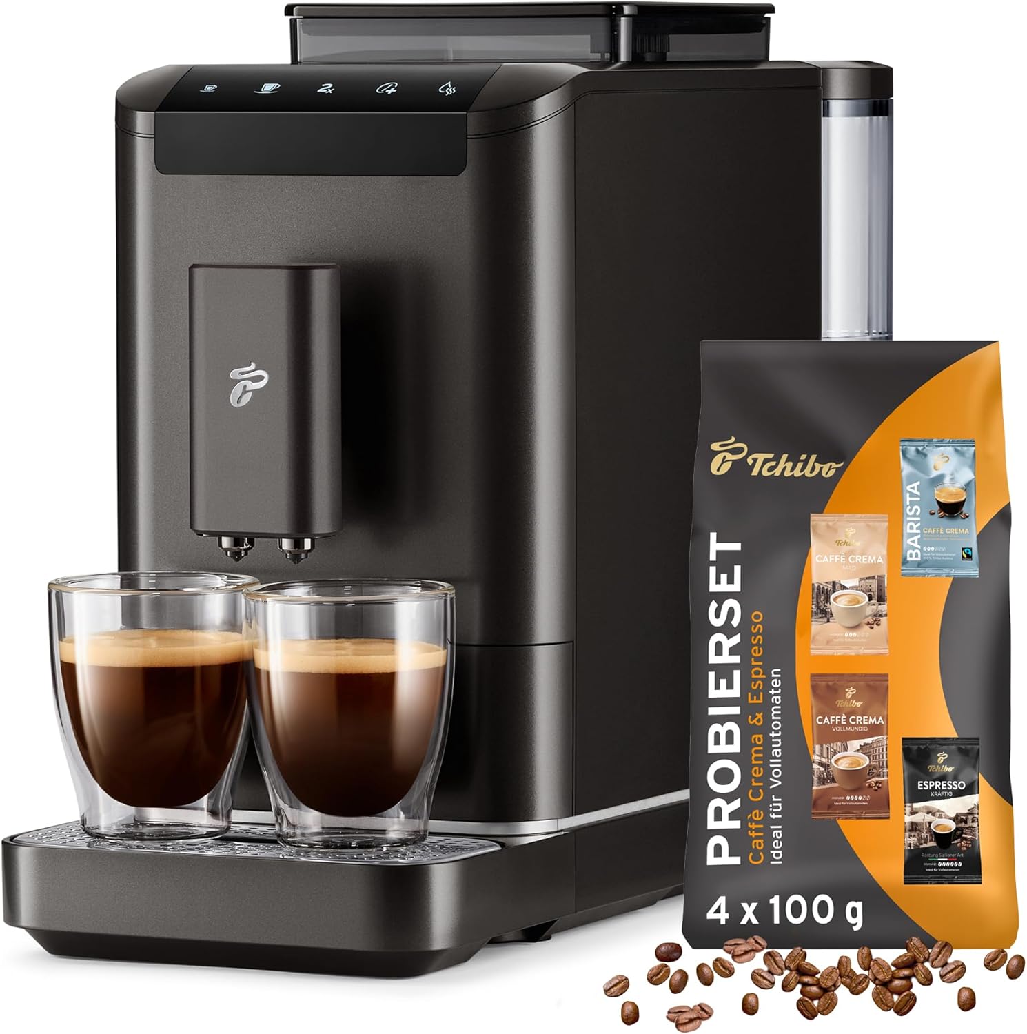 Tchibo Store Tchibo Esperto2 Caffè Fully Automatic Coffee Machine with 2-Cup Function for Caffè Crema and Espresso, Granite Black - Includes Coffee Tasting Set