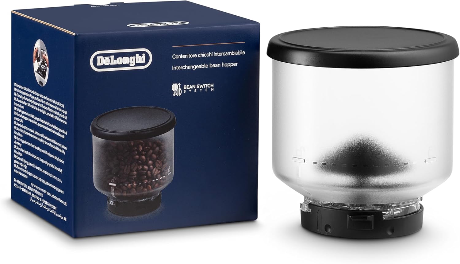 De\'Longhi DLSC403 Replaceable Bean Container for De\'Longhi Rivelia Fully Automatic Coffee Machine, Includes 250g Coffee Beans, Black Lid