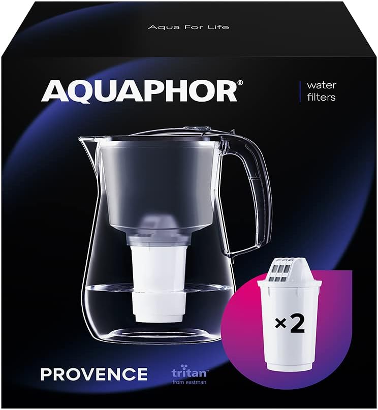 AQUAPHOR Store AQUAPHOR Provence Water Filter Black Including 2 A5 Filters with Magnesium, Carafe for 4.2 Liters, Large Water Dispenser in Glass Look, Reduces Limescale and Chlorine, Table Water Filter, Stylish Container