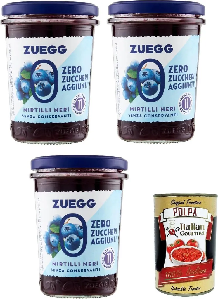 Zuegg Zero Mirtilli, Blueberry Jam, No Added Sugar, No Preservatives, 3 x 220g Jars + Italian Gourmet Tomato Polpa 400g Tin