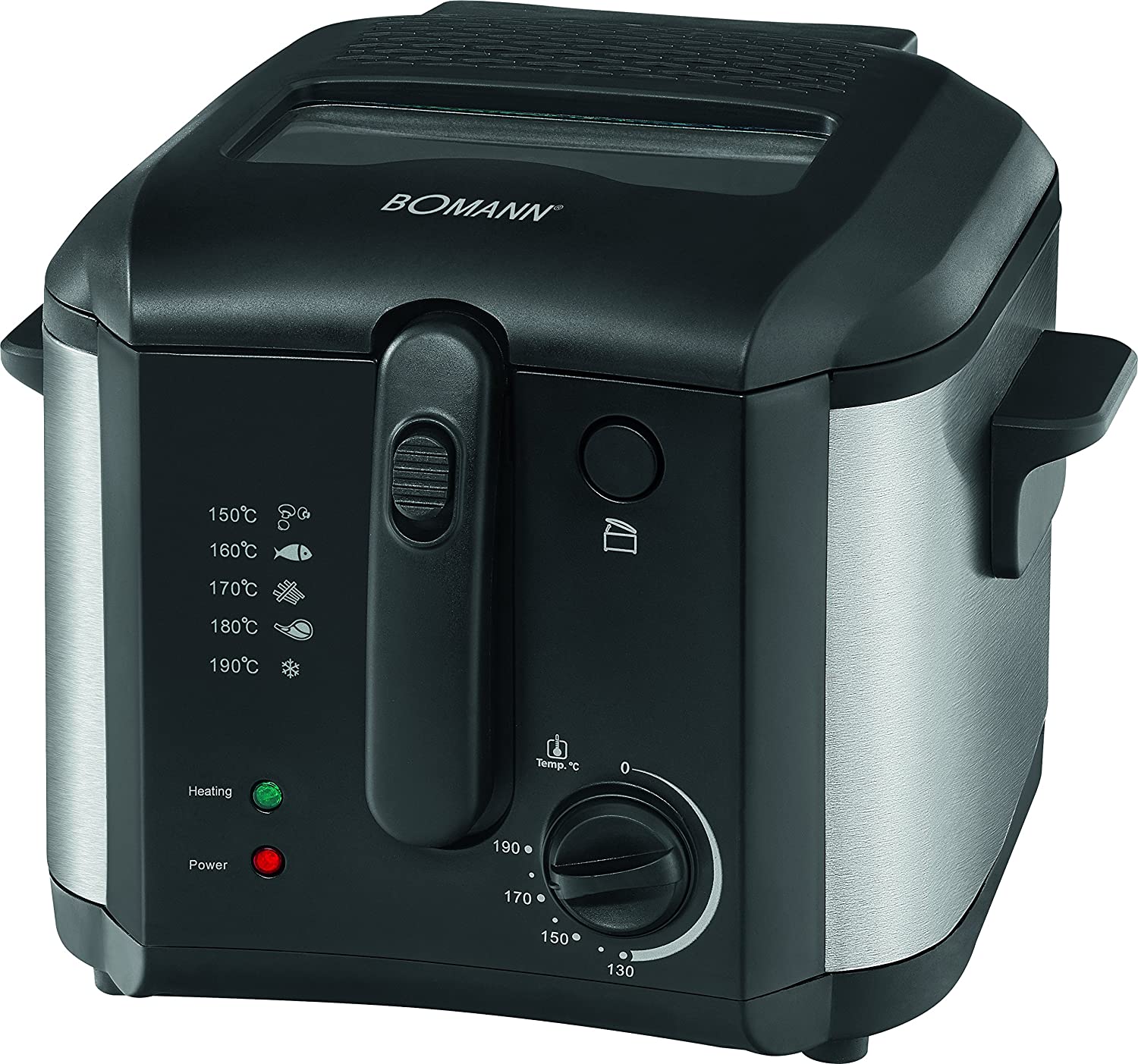 Bomann FR 2253 CB 1600 W Deep Fat Fryer, 2.5 Litre, Oil/Grease Capacity Freely Adjustable Thermostat 130 – 190 °C, Stainless Steel, Black