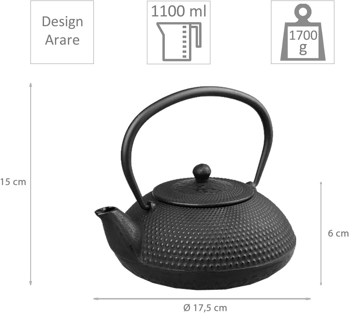 teeblume Cast Iron Teapot Arare Cast Iron Teapot with Strainer Including Free Coaster in Black | Tea Kettle Inside Fully Enamelled | Black | 1.1 L