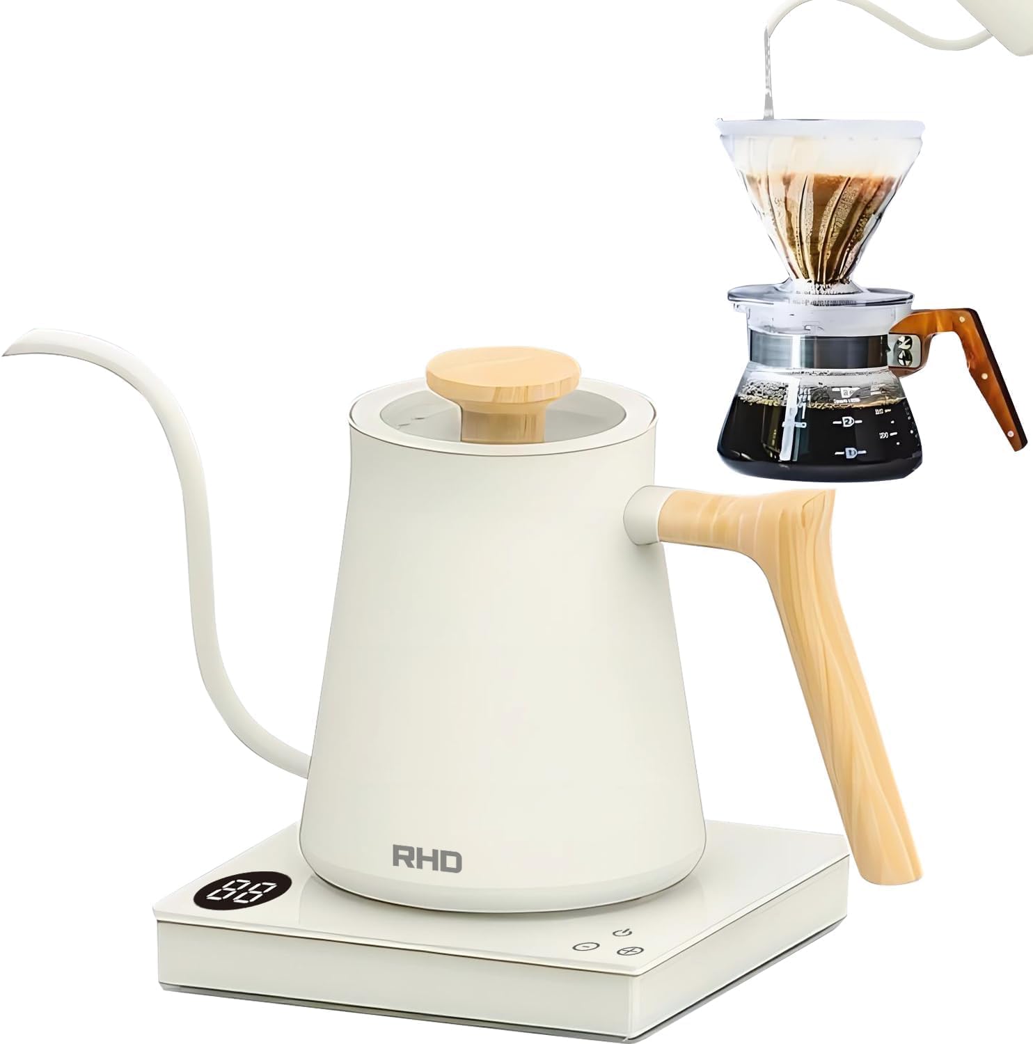 0.6 L Gooseneck Electric Coffee Kettle with 40 ~ 100 °C Temperature Adjustable, 1000 W Quick Boiling, 304 Stainless Steel Mini Brewing Coffee Kettle, Tempered Glass Touch Control Panel, High Grade