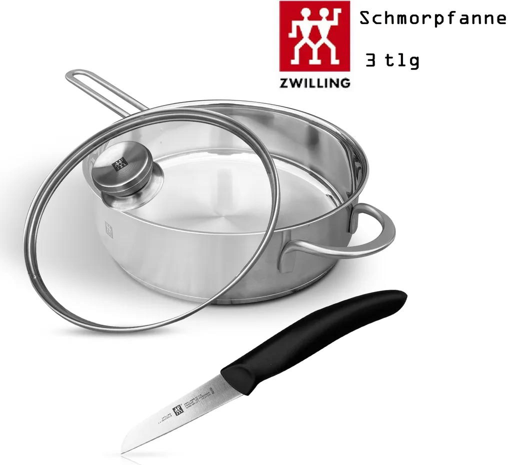 Zwilling TwinNova 24cm sauté pan with lid, 3-piece vegetable knife set, induction compatible, stainless steel, high rim, 18/10 stainless steel frying pan, pan set.