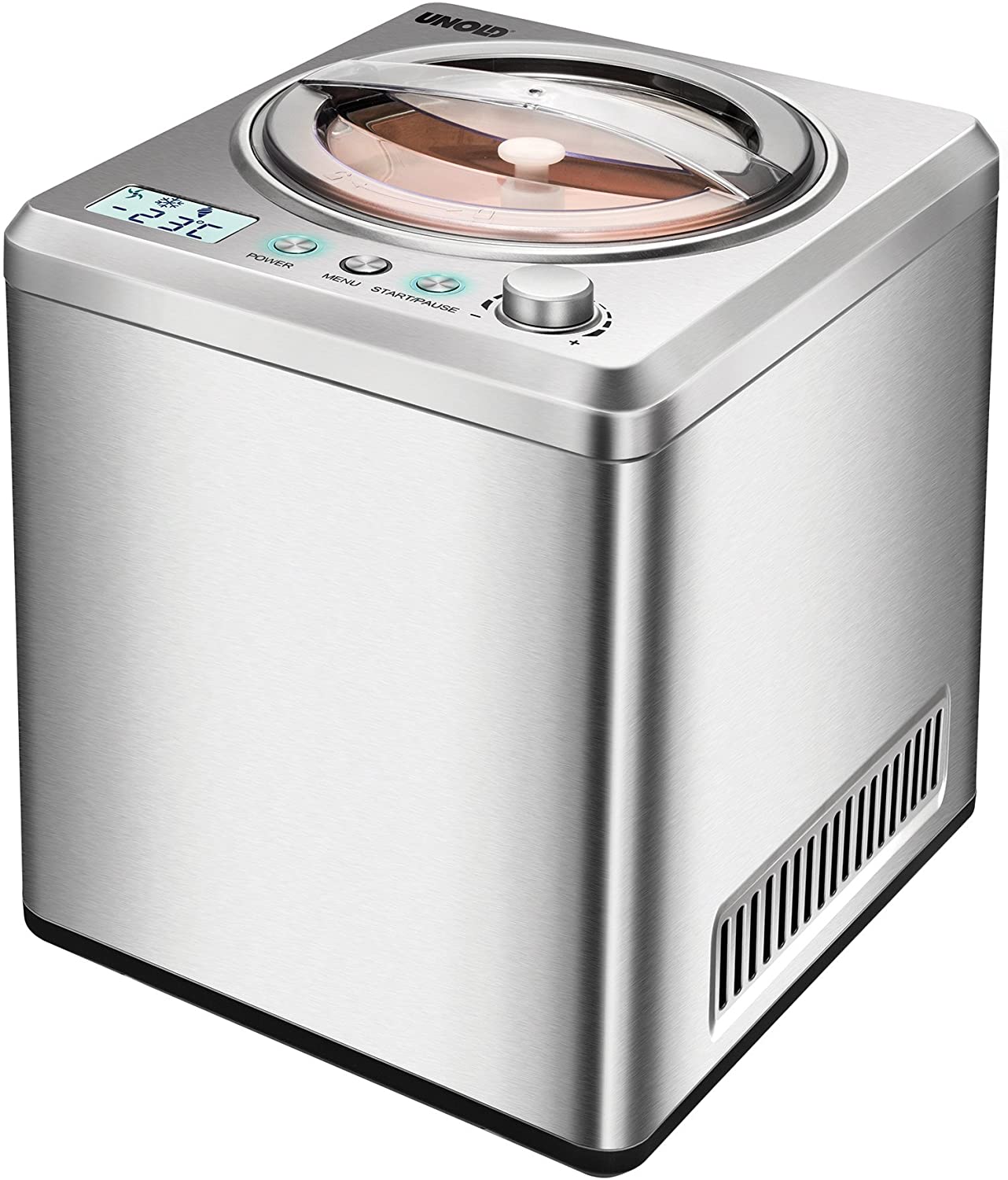 UNOLD 48872 Ice Maker Exclusive with Self-Cooling Compressor, 2 L Volume, Modern Stainless Steel Housing, Digital Timer, 180 W