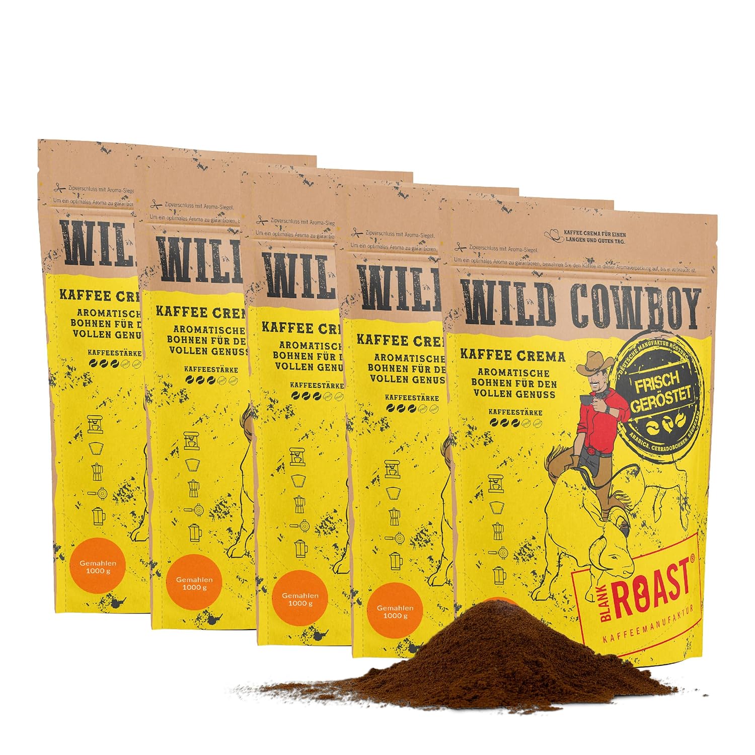 Blank Roast - Wild Cowboy Coffee - Ground for Filter - 1 kg (Pack of 5) - Roasted with Hickory Wood - Ground Coffee from Brazil and Uganda - 100% Arabica Blend with Chocolate Nuances - Low Acid