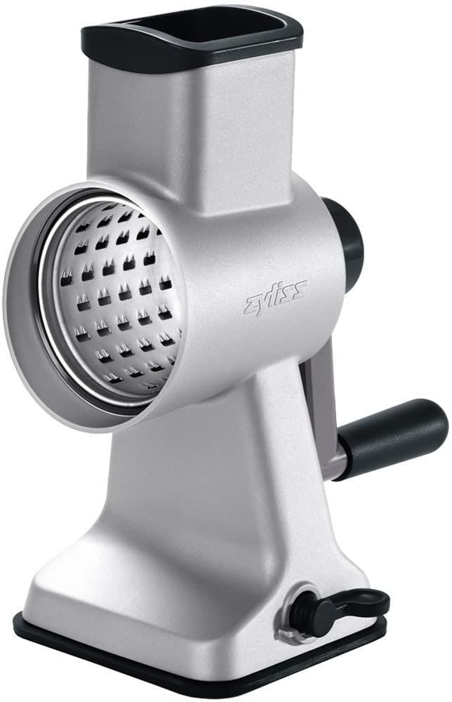 Zyliss Aluminium Drum Grater in Modern Design, E900031 Includes 4 high quality stainless steel drums. Extremely versatile for grating and cutting. Dimensions: 12.5 x 9.5 x 25.5 cm each.