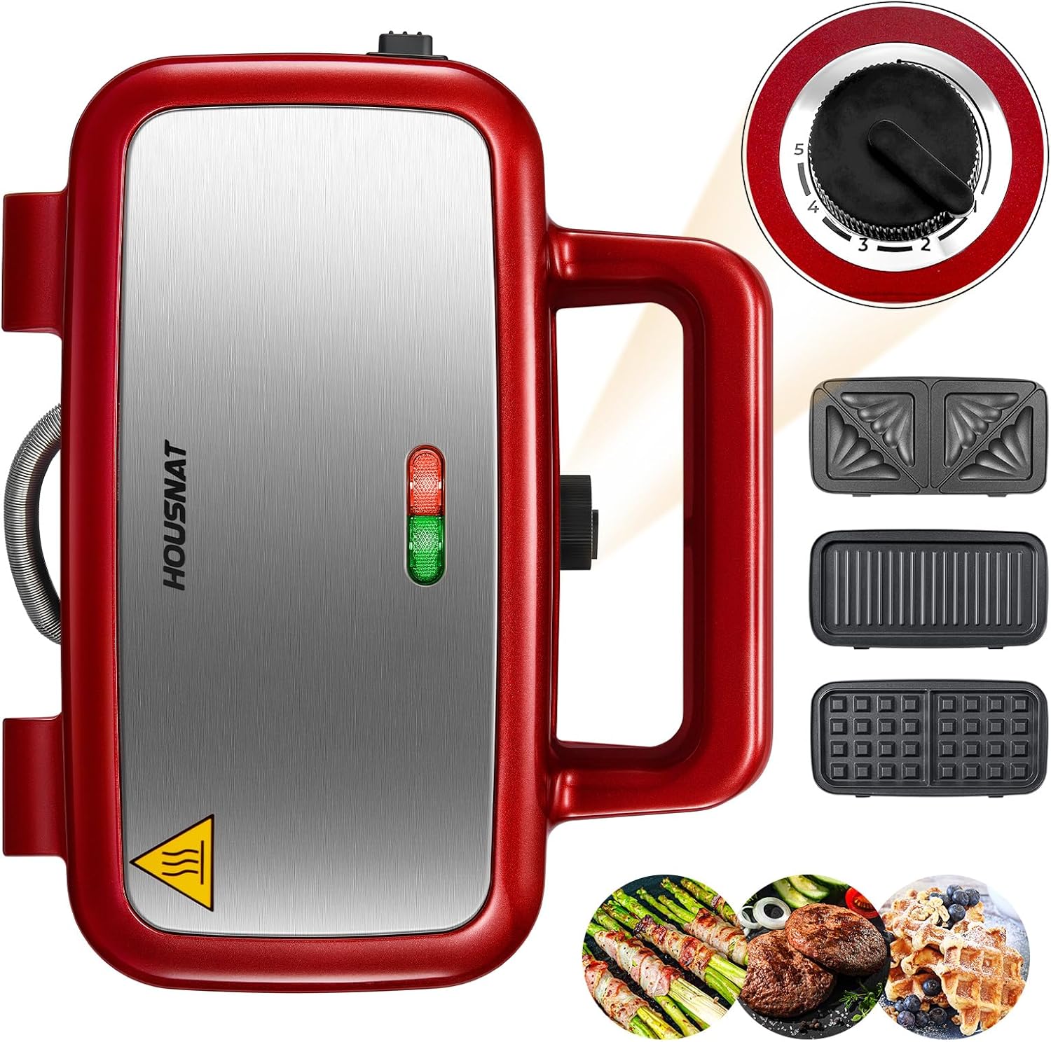 3-in-1 Waffle Iron, Sandwich Maker, Contact Grill, Sandwich Toaster - 1200 W with 5-Speed Temperature Control, for Belgian Waffle, Non-Stick Coating, Perfect for Breakfast, Red
